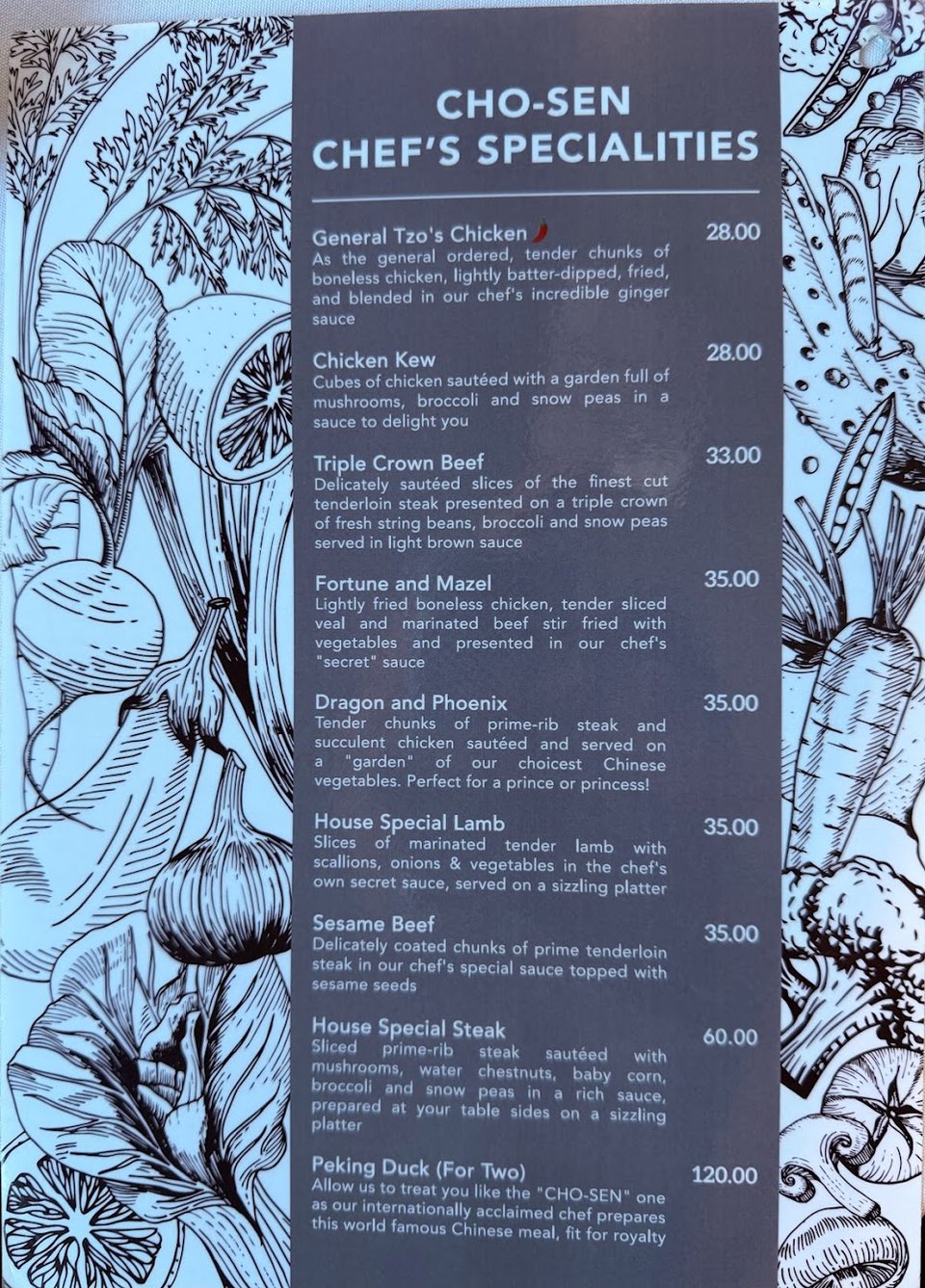 Printed menu with kosher Chinese classics and sushi.