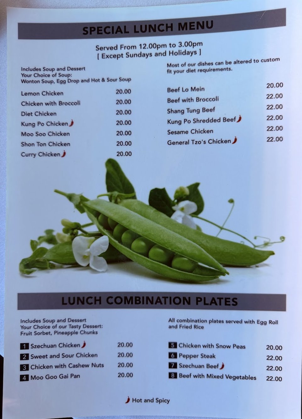 Menu page listing soups, beef, and chicken dishes.